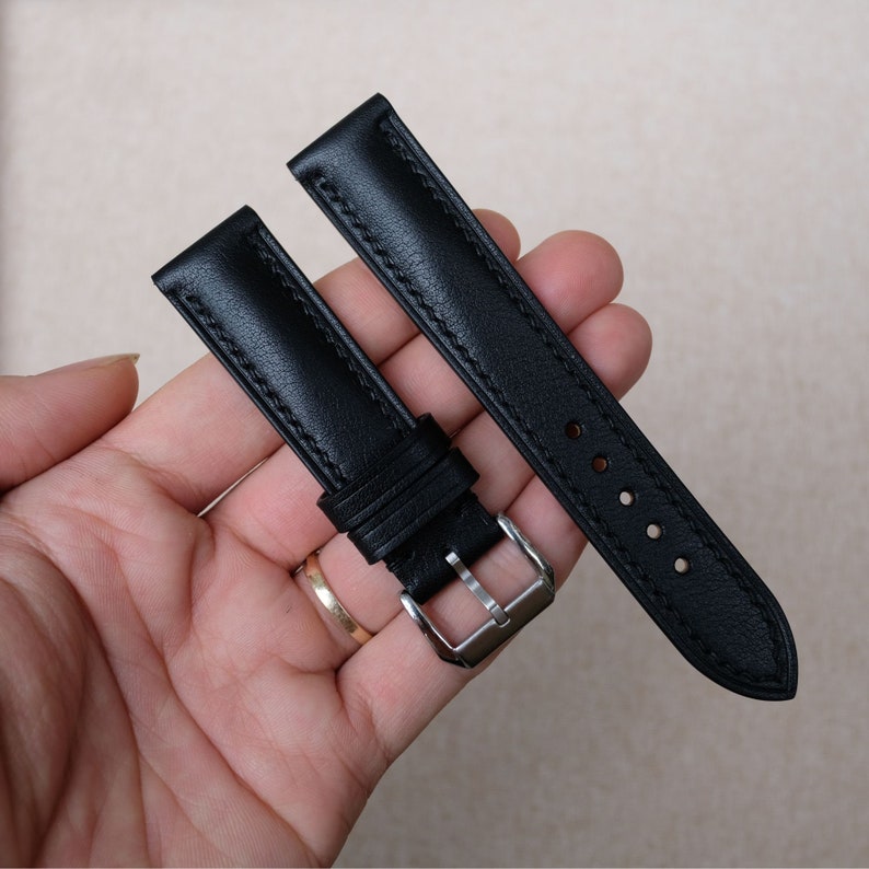 Black vachetta Leather watch strap 24mm, 22mm, 21mm, 20mm, 19mm, 18mm, 17mm, 16mm watch strap zdjęcie 5