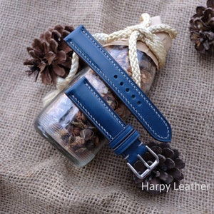 Horlogeband, marineblauwe horlogeband en band - Handgemaakte leren horlogebanden 14 mm 16 mm 18 mm 19 mm 20 mm 21 mm - Marineblauwe leren horlogeband op maat