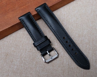 Black vachetta Leather watch strap 24mm, 22mm, 21mm, 20mm, 19mm, 18mm, 17mm, 16mm watch strap