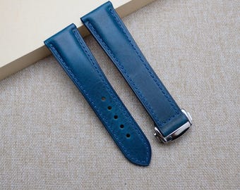 omega Waxy navy leather watch strap , Handmade leather watch band for omega 24mm 23mm 22mm 21mm 20mm 19mm 18mm, custom navy watch strap