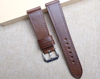 Dark Brown Flat Watch Strap, Handmade Museum Calf Leather Watch Band 24mm 23mm 22mm 21mm 20mm 19mm 18mm 17mm 16mm 14mm