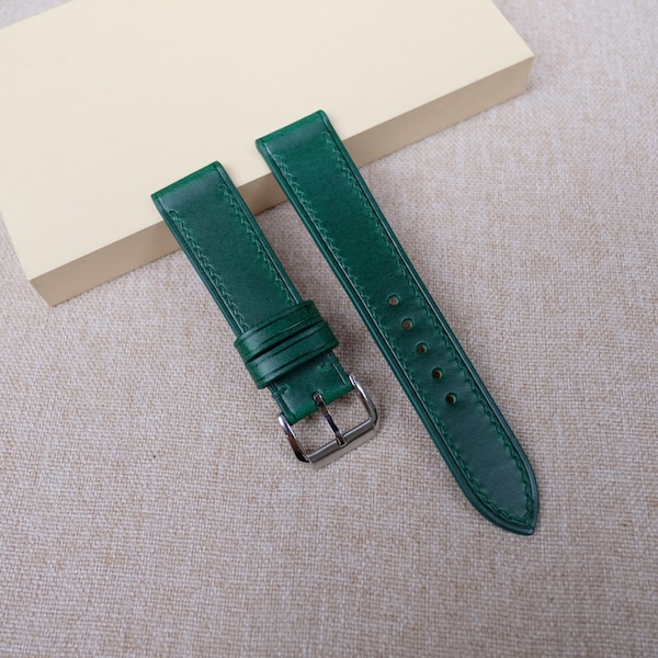 Green Buttero Slim Leather Watch Strap 24mm, 22mm, 21mm, 20mm, 19mm, 18mm, 17mm, 16mm, 14mm, 12mm,  Custom green watch strap