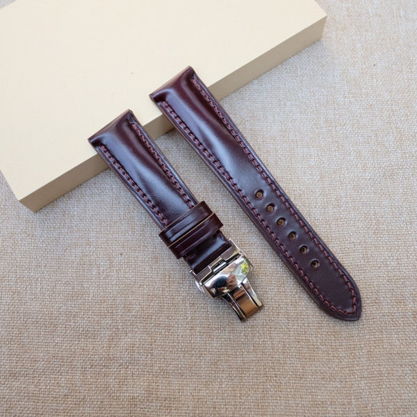 Shell cordovan shinki leather , bordeaux watch strap 24mm, 23mm ,22mm, 21mm, 20mm, 19mm, 18mm, 16mm, 14mm