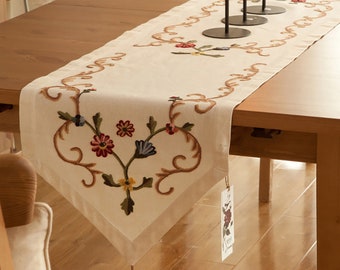 Romantic Flower Abstract Floral Embroidery Cotton Linen Table Runner with Tassels Beige