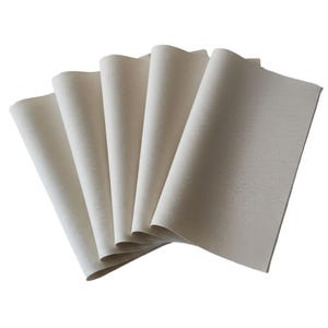May include: Five off-white canvas sheets are fanned out, showcasing their textured surface. The sheets are arranged in a layered pattern, with each one slightly overlapping the next. The neutral color and simple design suggest a craft or art supply.