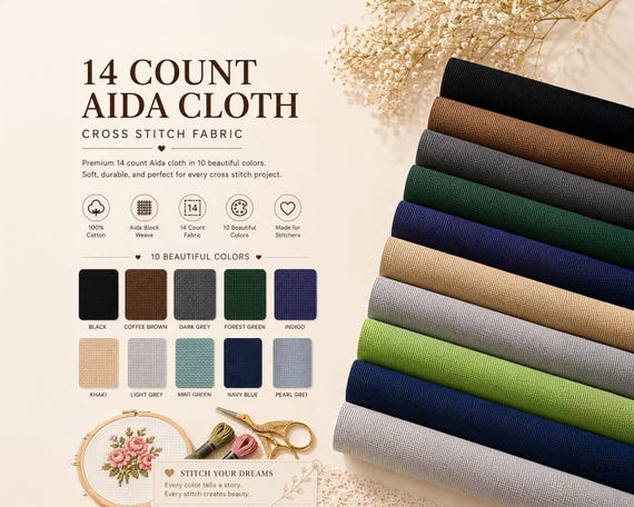 14 Count Aida Cloth Cross Stitch Fabric – Classic Aida Weave, 10 Colors