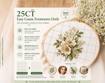 25CT イージーカウント イーブンウィーブ ファブリック刺繍布、緑色の水溶性グリッド付き、白