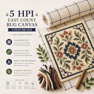 Op de afbeelding: Een 5 HPI gemakkelijk te tellen tapijtkamvas met een blauw rasterpatroon, inclusief een afgewerkt vierkant monster met een bloemmotief in marineblauw, groen en terracotta garen. Bevat een houten knoophaak en een bundel bijpassend garen.
