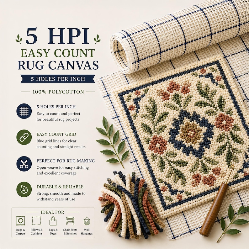 Op de afbeelding: Een 5 HPI gemakkelijk te tellen tapijtkamvas met een blauw rasterpatroon, inclusief een afgewerkt vierkant monster met een bloemmotief in marineblauw, groen en terracotta garen. Bevat een houten knoophaak en een bundel bijpassend garen.