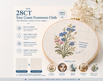 28CT Easy Count Evnweave Embroidery Cloth with Water-soluble Blue Grid, White