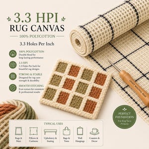 May include: A 3.3 HPI rug canvas made of 100% polycotton with a grid pattern, accompanied by a wooden-handled tool, a square coaster with a green and orange checkered pattern, and a skein of yarn in matching colours for rug making projects.