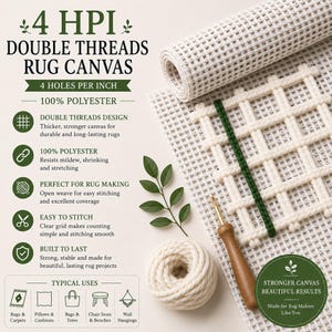 May include: A roll of off-white 4 HPI double threads rug canvas made of 100% polyester, featuring a grid pattern with a single green yarn strand woven through, a wooden handle latch hook tool, and a ball of thick off-white yarn for rug making.