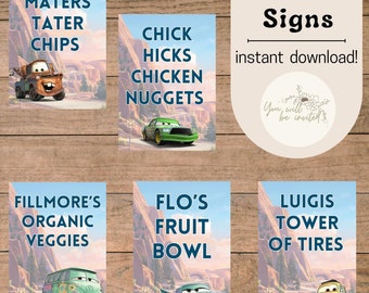 May include: Printable signs featuring Cars characters and food names. The signs include Mater's Tater Chips, Chick Hicks Chicken Nuggets, Fillmore's Organic Veggies, Flo's Fruit Bowl, and Luigi's Tower of Tires.