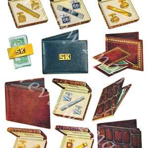 Ilustración de billeteras vintage y enlaces de manguito, Dibujo de clip de dinero, Collage Foto de archivo, Diario, Hoja de collage imprimible, Descarga digital