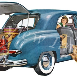 ビンテージの青い車のイラスト画像、コラージュストックフォト、ジャーナリング、印刷可能なコラージュシート、デジタルダウンロード