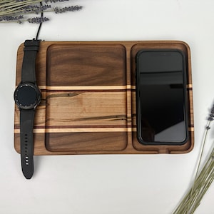 Galaxy Watch Charging Tray, Samsung Wireless Smart Watch Docking Station, Personalized Walnut Nightstand Organizer for Samsung