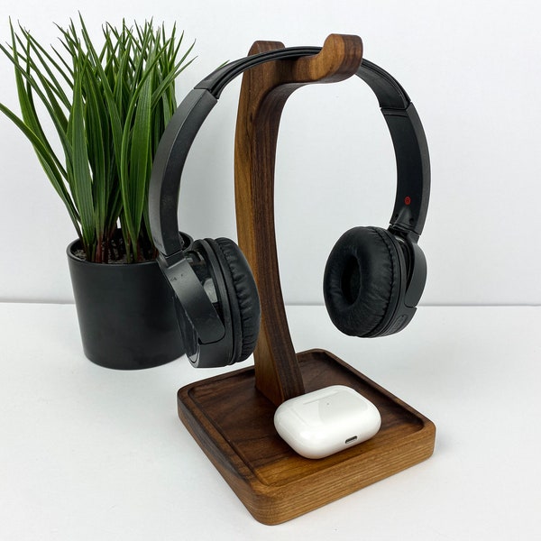 Wood Headphone Stand in Walnut, Wooden head phone dock, Customized Hardwood Desk organizer, Personalized gamer gift