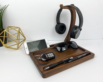 Wooden Desk Organizer and Headphone Stand in Walnut, Nightstand Organizer, Wood Office Décor, Customizable gift for him or her