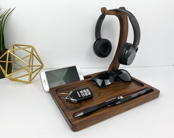 Wooden Desk Organizer and Headphone Stand in Walnut, Nightstand Organizer, Wood Office Décor, Customizable gift for him or her