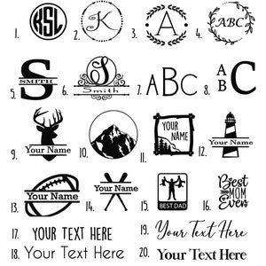 May include: Twenty black and white graphic designs for personalization.  The designs include monograms, initials, names, animals, mountains, a lighthouse, a baseball bat and ball, a football, a mountain, a deer, a house, and text.