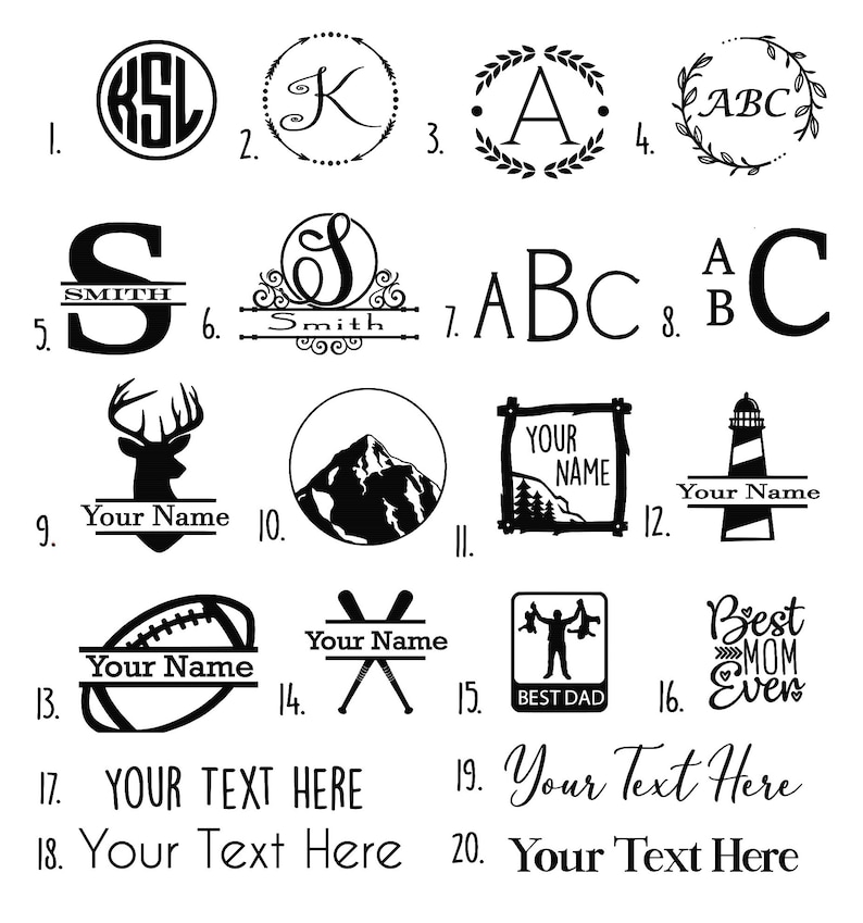May include: Twenty black and white graphic designs for personalization.  The designs include monograms, initials, names, animals, mountains, a lighthouse, a baseball bat and ball, a football, a mountain, a deer, a house, and text.