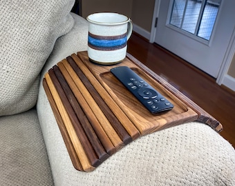 Walnut Sofa Arm Table / Wood Couch Armrest Coaster Tray / Folding End Table / Universal Couch Cup Holder / Arm Chair Side Table / Sofa Caddy