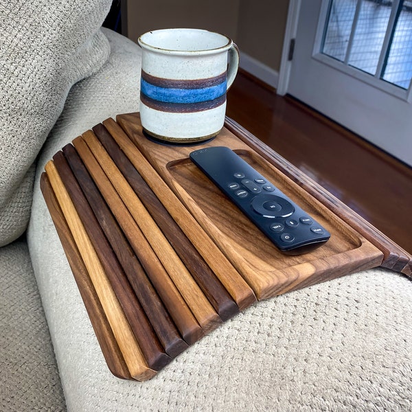 Walnut Sofa Arm Table / Wood Couch Armrest Coaster Tray / Folding End Table / Universal Couch Cup Holder / Arm Chair Side Table / Sofa Caddy