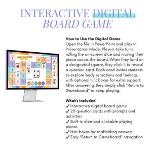 May include: A computer monitor shows an interactive digital board game. The screen displays the text "INTERACTIVE DIGITAL BOARD GAME". The game board has numbered squares and dice. The screen also shows instructions and a list of included features.