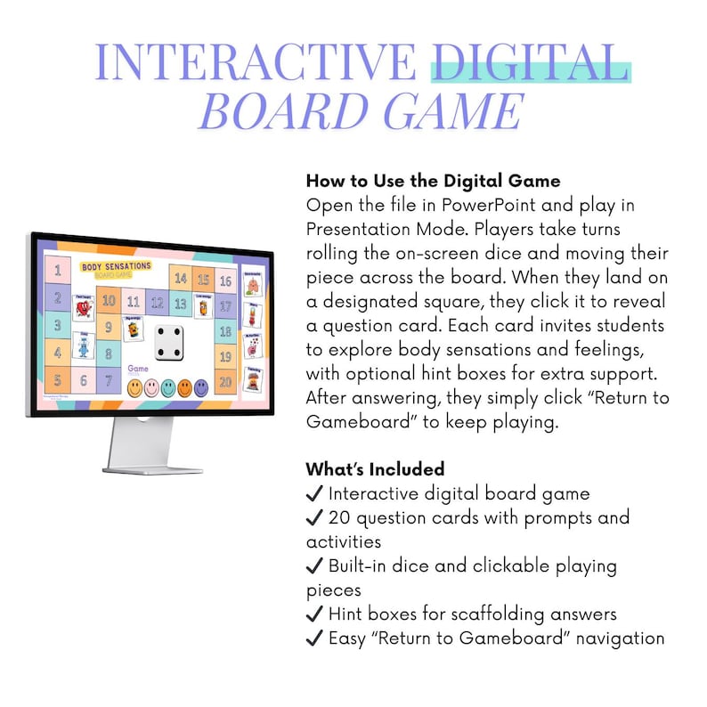 May include: A computer monitor shows an interactive digital board game. The screen displays the text "INTERACTIVE DIGITAL BOARD GAME". The game board has numbered squares and dice. The screen also shows instructions and a list of included features.