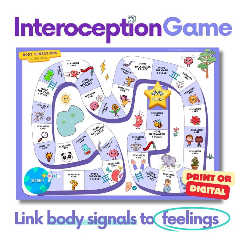 May include: A board game called "Interoception Game" with the text "Link body signals to feelings." The game board is a winding path with illustrations and text prompts. The game includes a start and finish area, and the words "Print or Digital" are visible.