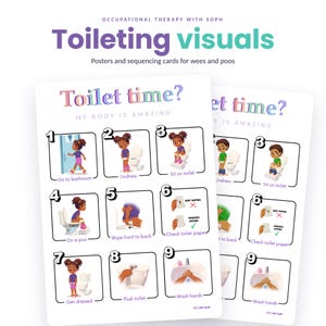 May include: Two white educational posters titled Toilet time? My body is amazing, featuring nine numbered illustrations showing steps for bathroom routines. The graphics depict children using the toilet, wiping, flushing, and washing hands with text labels.