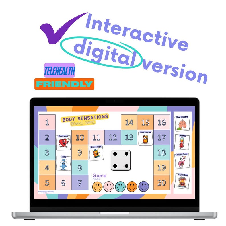 May include: A laptop screen showing a digital board game called "Body Sensations." The game includes numbered spaces, illustrations, and a die. The screen also displays the text "Interactive digital version" and "Telehealth Friendly."