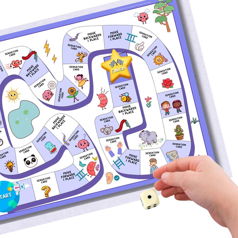 May include: A vibrant board game with a purple border and a white interior. The game features cartoon illustrations, including a sun, flowers, and animals. A hand is holding a die, ready to be rolled. The game board has the word "FINISH" on it.