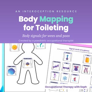 May include: An interoception resource titled Body Mapping for Toileting: Body signals for wees and poos. The document features a human outline with various signal cards, including a sun, a blue sphere, and a storm cloud labeled Grumbly Lummy.