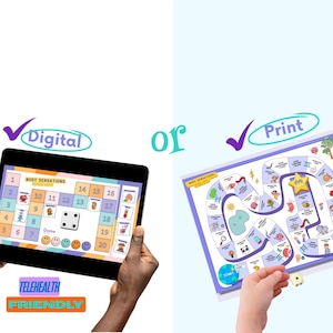 May include: An image showing a choice between a digital and a printed board game. The digital version is on a tablet, the print version on a white surface. The game board features colorful illustrations and the text "BODY SENSATIONS". The text "TELEHEALTH FRIENDLY" is also visible.