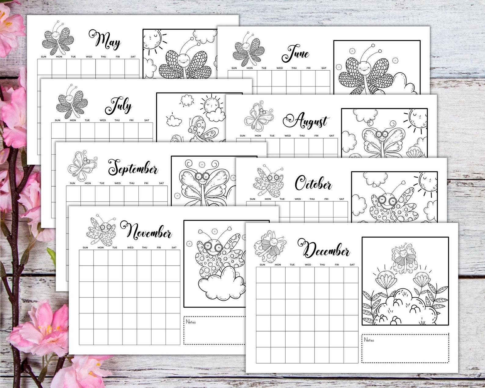 Butterfly Monthly Calendar, Undated Monthly Planner, Printable Desk ...