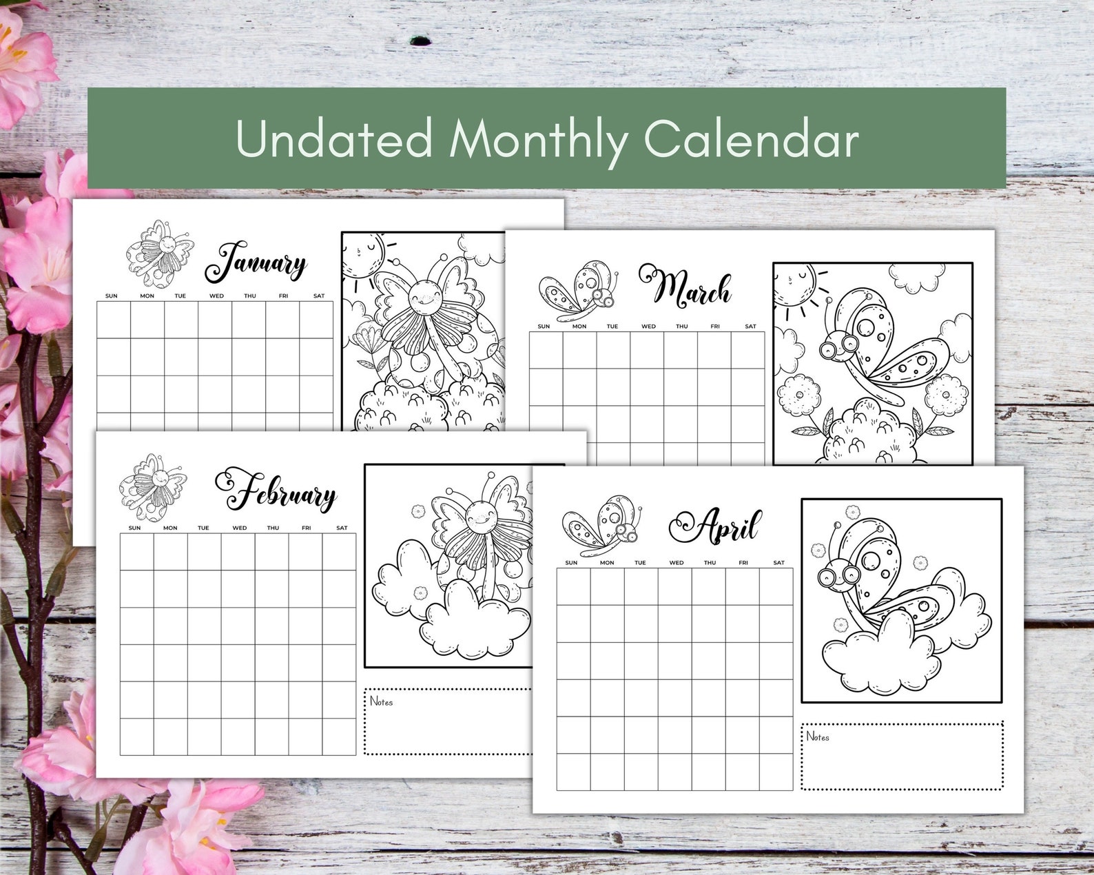 Butterfly Monthly Calendar Undated Monthly Planner Printable Etsy