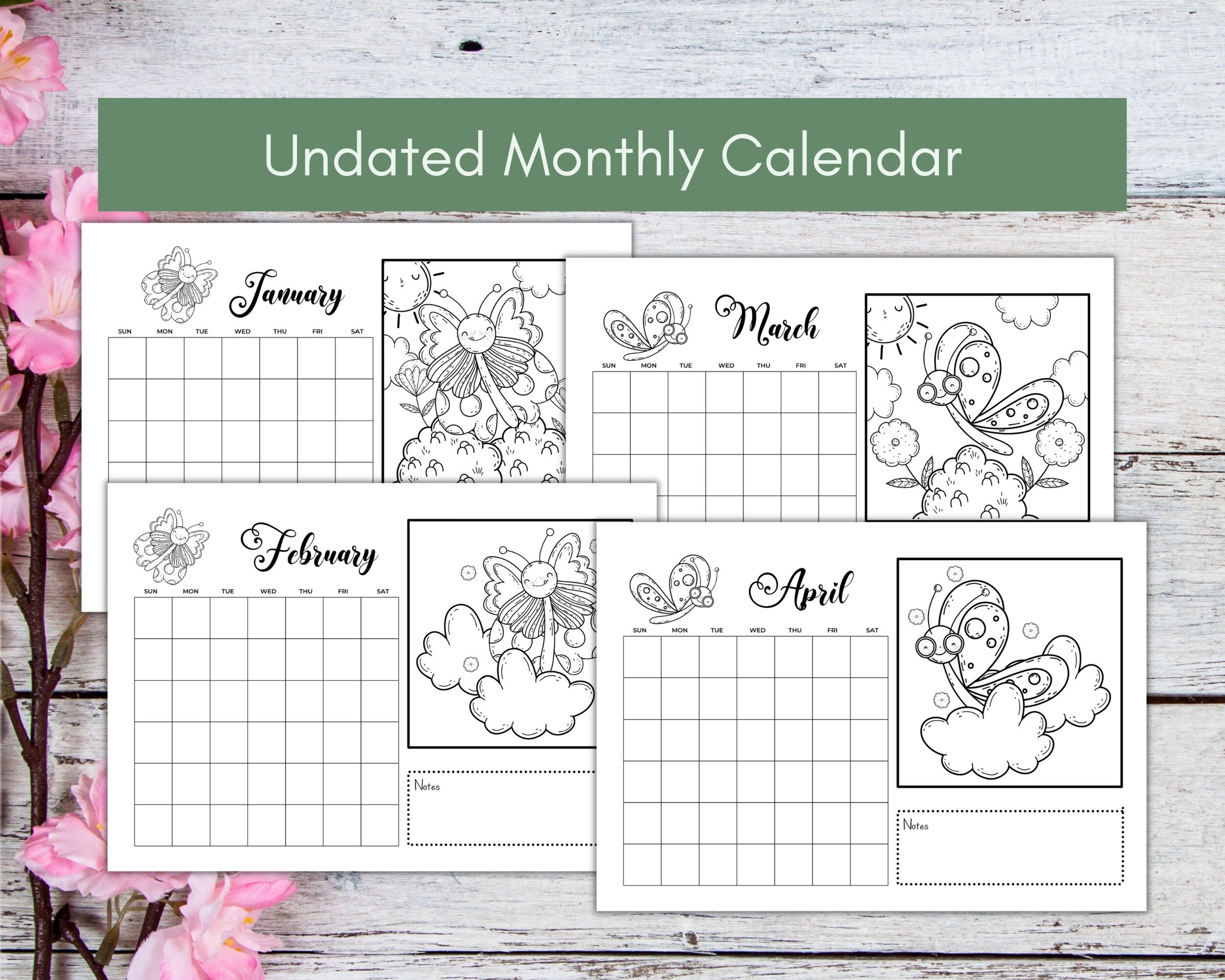 Butterfly Monthly Calendar, Undated Monthly Planner, Printable Desk ...