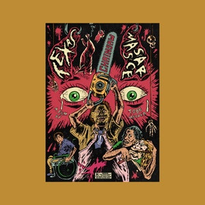 Può includere: Un poster in stile vintage per il film horror "Non aprite quella porta". Il poster presenta una combinazione di colori rosso, bianco e nero con un'illustrazione grafica di una motosega e un volto demoniaco. Il testo "Non aprite quella porta" è scritto in un carattere audace e stilizzato. Il poster include anche il testo "Un film di Tobe Hooper".