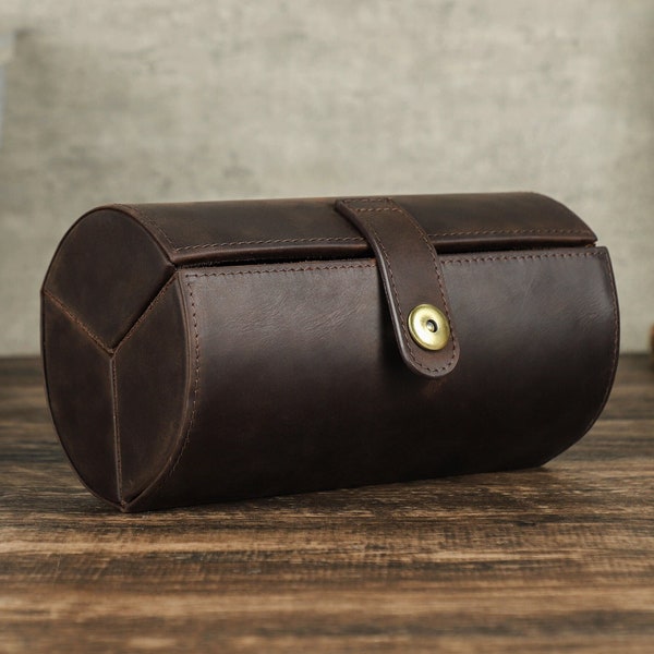 Handmade, Genuine Leather, Foldable Travel Eyewear Case, Cylindrical Vintage 3 Slots, Sunglasses Storage Box, Eyeglasses Organizer Holder