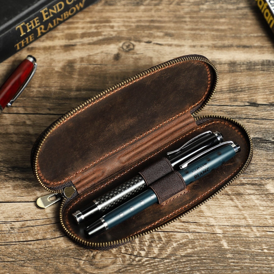 Oval Leather Fountain Pen Case for Two Pens, Portable Men Women Pen