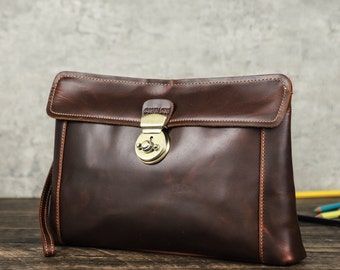 Pochette pour homme, pochette en cuir véritable, avec cadenas matel, pochette vintage personnalisée cadeau pour homme, nouvel emploi cadeau lui