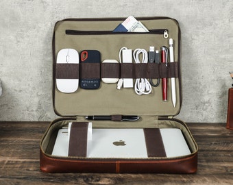 Personaliseren, rundleer, laptophandtas, vaderdagcadeau, voor Apple Mac Mini / iPad Pro 12.9 opslag elektronische organizer box, op maat