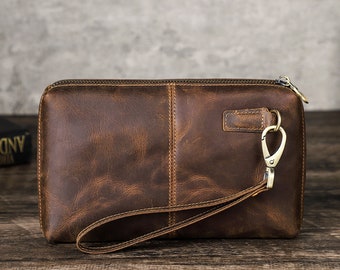 Herren Clutch Bag, Crazy Horse Leder Clutch Wallet, Große Brieftasche mit Reißverschluss, personalisierte Vintage Clutch Geldbörse Geschenk für Männer, New Job Geschenk Für Ihn