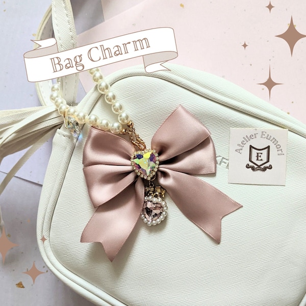 Bijou de sac Kawaii rose, nœud rose avec pendentif cœur, accessoire de breloque de sac Ita, sac à chaîne de perles, breloque de sac mignon, Larme Kei, Lolita, Sweet Pink