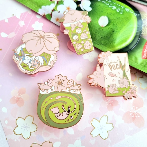 Sakura Matcha Snacks Rose Gold Hard Enamel Pins, Green Tea Cherry Blossom Japanese Kawaii Pins, Pocky, Boba Tea Pins, Sakura Ita Bag