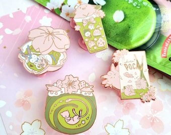 Sakura Matcha Snacks Rose Gold Hard Enamel Pins, Green Tea Cherry Blossom Japanese Kawaii Pins, Pocky, Boba Tea Pins, Sakura Ita Bag