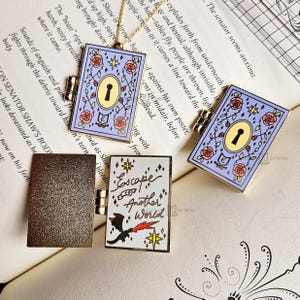 Bookish Hinged Enamel Pin Badge, Fairytale Book Gold Necklace, Book Cover, Literary Gift, Geek Gift for Book Lover, Book Jewellery