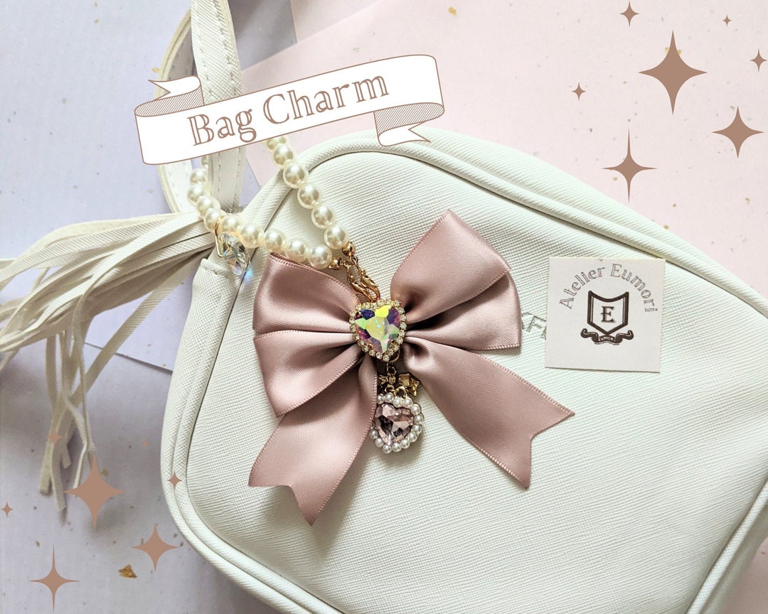 Pink Kawaii Bag Charm, Pink Bow With Heart Dangle, Ita Bag Charm