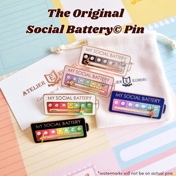 El pin de esmalte deslizante de batería social original, pines de esmalte interactivos, meme viral Tiktok, salud mental, regalo para introvertidos